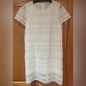 Mango White Crochet‎ Short Sleeve Lined Mini Shift Dress Size 6 Medium Cruise